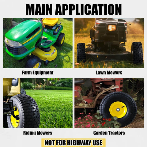 Collage of lawn and garden equipment showing 15x6.00-6 Tubeless Lawn Mower Tire And Wheel Assembly Front Replacement For John Deere And Other Riding Mowers Four Ply Pneumatic Three Inch Offset Hub Three Quarter Inch Bearings Two Piece Set Not For Highway Use