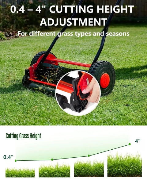 14 Inch Hand Push Reel Lawn Mower With A Five Blade Cutting Reel For A Clean Scissor Cut, No Fuss Manual Push, Adjustable Cutting Height From 0.4 To 4 Inches, Selectable 14 Or 16 Inch Width For Small Yards And Dry Grass; cutting height adjustment on grass