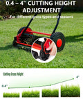 14 Inch Hand Push Reel Lawn Mower For Small To Medium Yards No Fuss Manual Cut With Precise Scissor Like Blades And Adjustable Height Settings For A Clean Healthy Lawn, 0.4-4 in height adjustment shown on grass