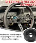 Heavy Duty 10 Piece Steering Wheel Adapter Kit For Quick Bolt Right On 6 To 3 Hole Hub Conversion And One Inch Height Lift With Included Hardware close-up of steering wheel and adapter