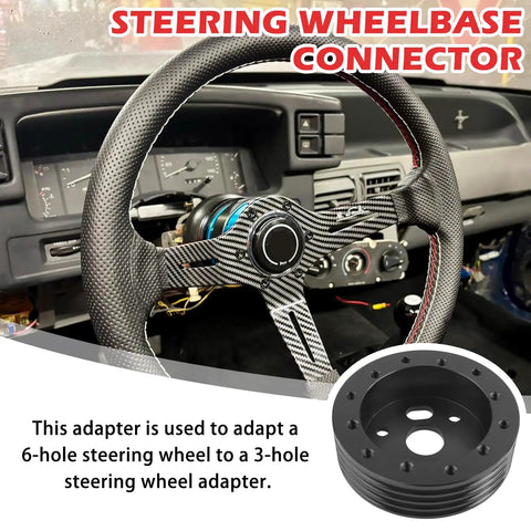 Heavy Duty 10 Piece Steering Wheel Adapter Kit For Quick Bolt Right On 6 To 3 Hole Hub Conversion And One Inch Height Lift With Included Hardware close-up of steering wheel and adapter