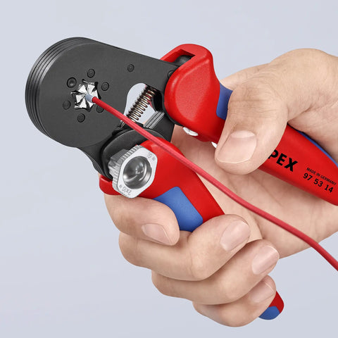 Self-Adjusting Crimping Pliers For End Sleeves And Ferrules, DIN 46228 Compliant, 10 mm2 Capacity, AWG 28-5, in use