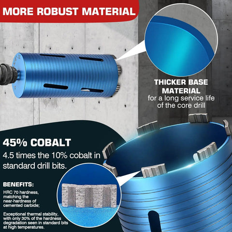 Visual showing the One And Three Eighths Inch Diamond Core Drill Bit With Eleven Inch Depth, Heavy Duty, 45 Percent Cobalt HRC 70, laser welded.