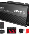 Heavy Duty 2000 Watt Power Inverter with wired remote, USB ports, easy-to-read display, perfect for RV cruising and off-grid use.