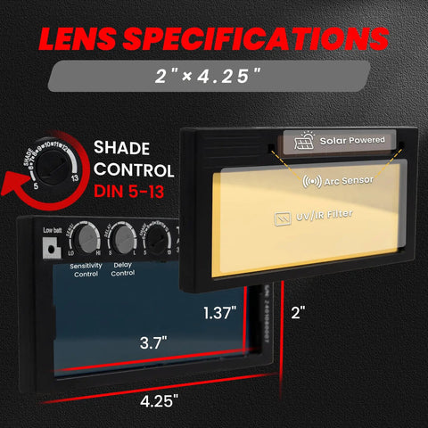 2 By 4.25 Inch Auto Darkening Welding Lens With Shade 5 To 13 Adjustable, gold tint and specifications displayed, solar powered