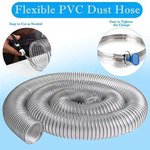 Flexible 3X50 Inch PVC Dust Collection Hose showing ease of cutting, transparent design for airflow monitoring.