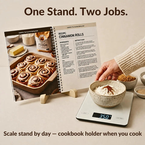 Big Digital Kitchen Scale for Baking and Meal Prep with Large Platform Grams and Ounces Backlit Display holding a bowl