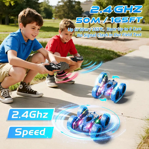 Two boys playing with 4WD Remote Control Stunt Car With 360 Degree Flip Double Sided RC Cars LED Light Bar on sidewalk