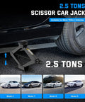 Tesla 2.5 Ton Scissor Jack Kit For Model Y Model 3 S X lifting a car displaying compatibility and features