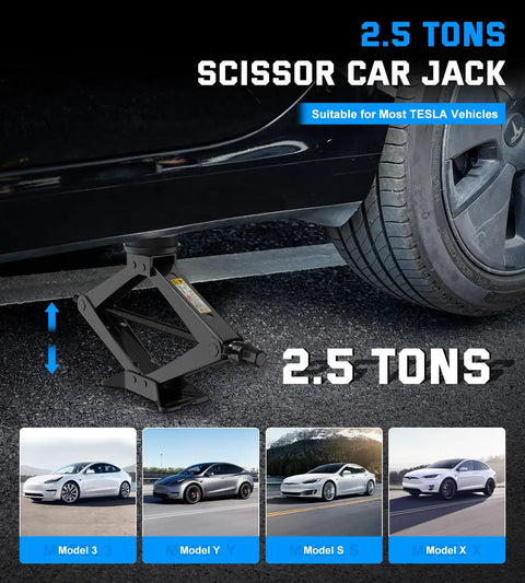 Tesla 2.5 Ton Scissor Jack Kit For Model Y Model 3 S X lifting a car displaying compatibility and features