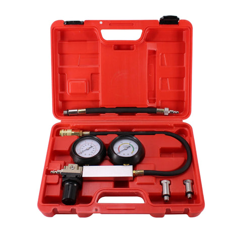 Red case with HFS Cylinder Leak Detector kit, dual gauges and hoses for engine compression leakdown testing