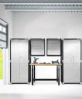 Built Tough 5 Piece Garage Storage Cabinet System With Heavy Duty Workbench And Granite Tops Plus Slick Wall Units For Epic Shop Setup And Serious Tool Organization Game Changers, featuring tall steel cabinets and adjustable workbench.