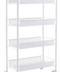 4 Tier Rolling Utility Storage Cart On Wheels In White Carbon Steel With Epoxy Coated Finish, front view