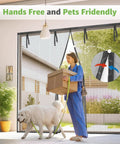 Garage Door Screen 9x8 Feet Magnetic Closure Heavy Duty With Weighted Bottom Self Sealing Fiberglass Mesh and woman with dog