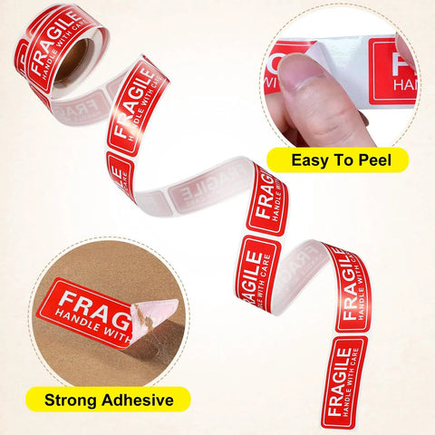 Red Fragile Stickers, 150-Count Self-Adhesive Paper Labels for Packing and Shipping shown on roll and applied.
