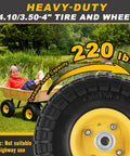 Two Pack 10 Inch Flat Free Solid Rubber Wheel Set For Hand Trucks Wheelbarrows Garden Carts Dollies And Utility Carts 4.10 3.50 4 Tire Axle Bore Five Eighth Inch Hub Offset Two Point Two Inch 220 Pound Dynamic Load shown on yellow iron hub with kid in wagon
