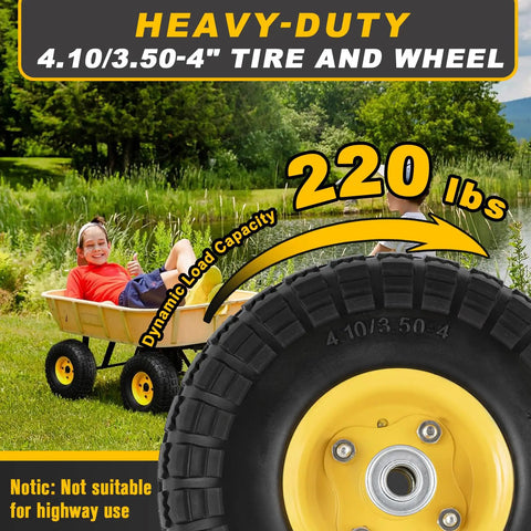 Two Pack 10 Inch Flat Free Solid Rubber Wheel Set For Hand Trucks Wheelbarrows Garden Carts Dollies And Utility Carts 4.10 3.50 4 Tire Axle Bore Five Eighth Inch Hub Offset Two Point Two Inch 220 Pound Dynamic Load shown on yellow iron hub with kid in wagon