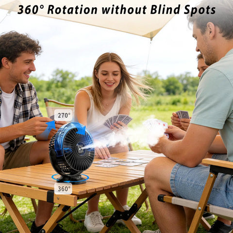 Group of people playing cards outdoors with Magnetic Golf Cart Fan With Mist And Light 12000mAh Power Bank on table.