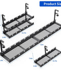 Product size comparison for Under Desk Cable Management Tray with Clamp, showing 14in, 15.7in, and 31in options, metal wire construction.