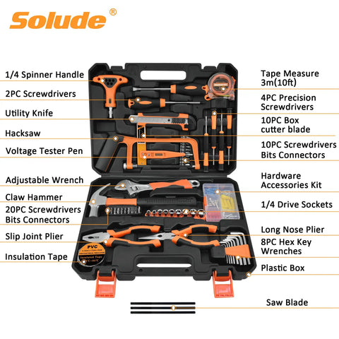 182 Piece Home Repair Tool Set With Durable Case For DIY Projects including claw hammer, pliers, screwdrivers, and hacksaw.