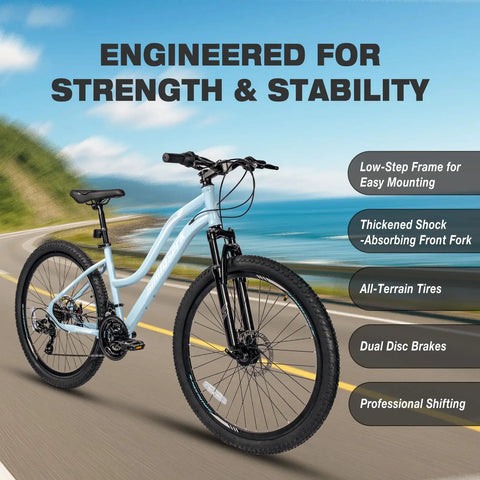 Womens 26 Inch Mountain Bike With Shimano 21 Speed Rear Derailleur Twist Grip Shifter Dual Disc Brakes Lockout Suspension Fork Steel Frame