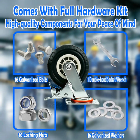 Five Inch Heavy Duty Casters Set Of Four Premium Swivel Rollers Built Tough As Nails featuring non marking rubber wheels and hardware kit.