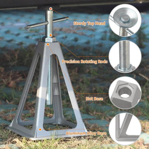 Close-up of Beefy Heavy Duty RV Stabilizer Jacks, 7,900 Lbs Capacity, showing aluminum base, rotating rod, and top head.