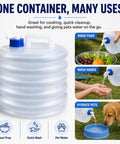 Collapsible Water Container With Spigot For Camping And Road Trips shown rinsing food, washing hands, and hydrating pets.