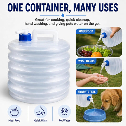 Collapsible Water Container With Spigot For Camping And Road Trips shown rinsing food, washing hands, and hydrating pets.