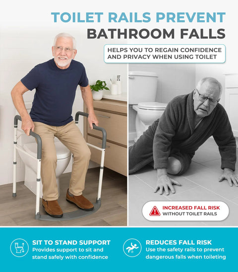 Sturdy Toilet Safety Rails For Seniors Offering Beefy Support With Plush Arm Grips And Solid Footrest Makes Daily Standing Easy Up To 300 Lbs Fits Standard Toilets Naturally With Quick Detachable Setup For Zero Hassle Independence, showing a senior using the rail.