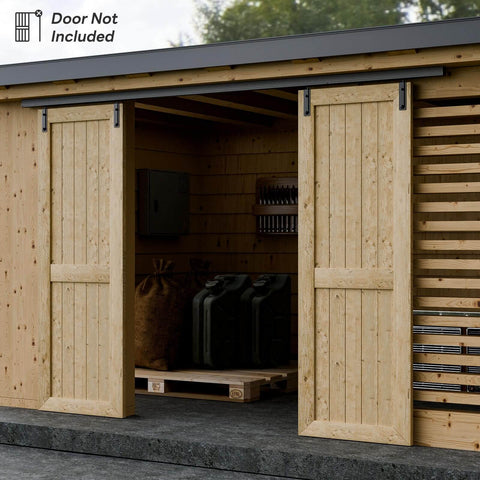 8Ft Ceiling Mount Box Rail Barn Door Hardware Kit Heavy Duty Steel Sliding Track installed on exterior wooden doors