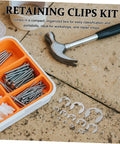Stainless Steel External Circlip Assortment Kit E Type Retaining Rings for Shafts Gears and Bearings, assortment displayed on floor