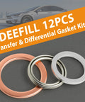 12pc Crushable Steel Transfer And Differential Drain Plug Gasket Kit for Toyota and Lexus vehicles on display with copper, steel, and aluminum gaskets