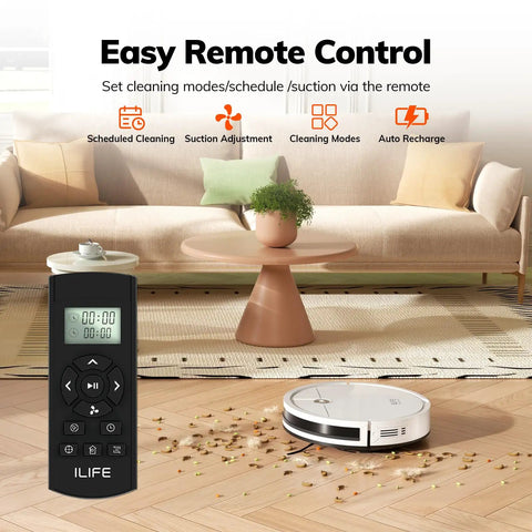 V2 Robot Vacuum Cleaner With Tangle Free Suction And Ultra Slim Two Point Nine Nine Inch Profile on hard floor with remote control.