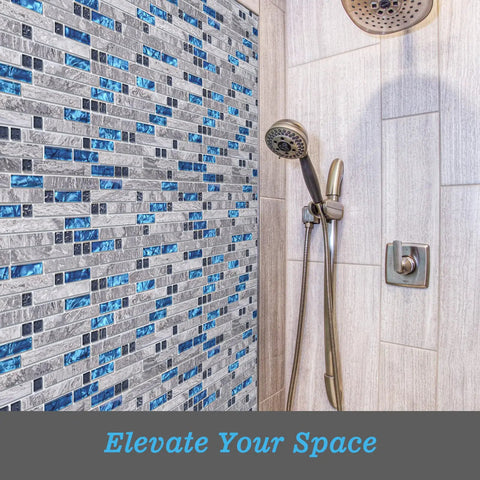 Blue Gray Glass Dope Decorative Tile 5 Pack Mosaic for kitchen or bathroom backsplash in shower area with natural mineral stone and crystal glass.