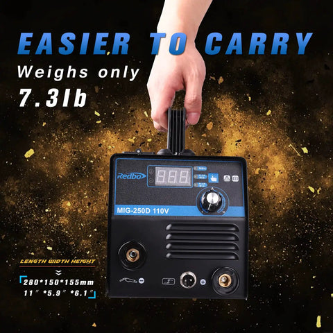 Person holding Gasless 2 In 1 MIG Welder With Flux Core Wire Feed And MMA Arc 110V Portable Inverter, front view