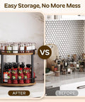 Before and after comparison featuring 2 Tier Lazy Susan Spice Rack Set With Smooth 360 Degree Spin Rotating Spice Organizer.