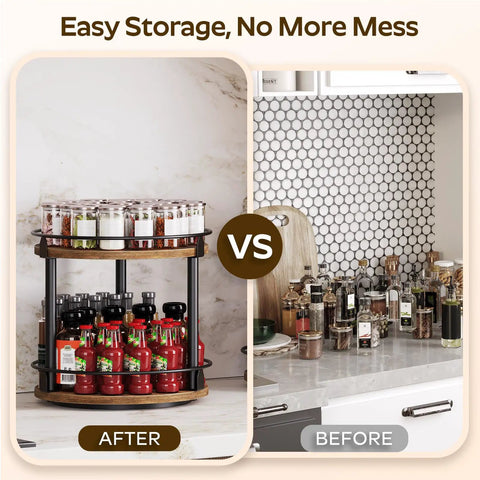 Before and after comparison featuring 2 Tier Lazy Susan Spice Rack Set With Smooth 360 Degree Spin Rotating Spice Organizer.