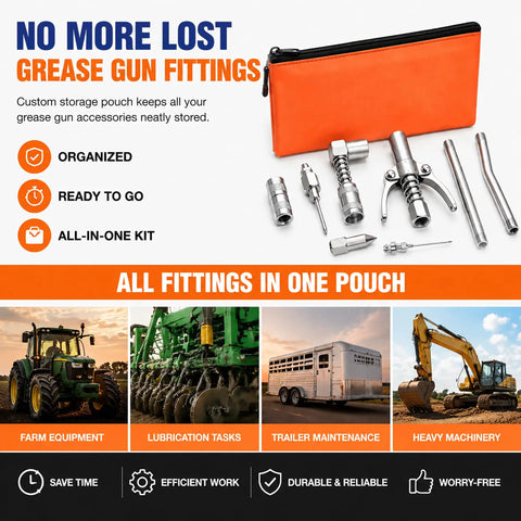 Universal 9 Piece Grease Gun Fittings And Tips Set For Manual Electric And Pneumatic Guns with organizer pouch