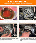 Eumti Twin Cam clutch friction plate kit for Harley; four-step installation collage showing soaking and assembly.