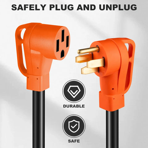 30 Foot 50 Amp RV Extension Cord With Grip Handle Built For Tough Jobs Heavy Duty STW 6 3 And 8 1 Gauge 125 And 250 Volt NEMA 14-50P To 14-50R Cord Organizer UL And ETL Listed, close-up view of plug and socket ends with grip handles.