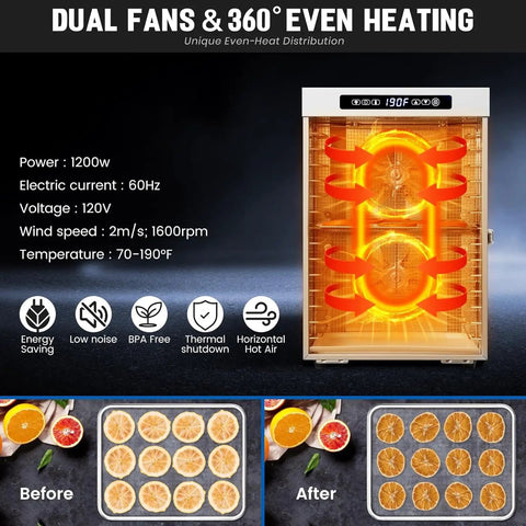 Heavy Duty 14 Tray Food Dehydrator Engineered From Commercial Grade Stainless Steel To Quick Dry Beef Jerky And Fresh Fruit Snacks Using Balanced Airflow Technology with dual fans and 360° heating.