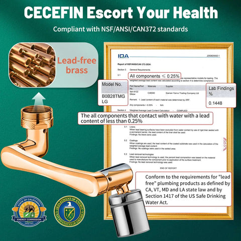 CECEFIN 1080 Degree Swivel Faucet Extender With Splash Water Aerator, brass material, NSF compliant with safety certificate