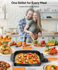 Couple in kitchen with Medley XL Digital Electric Skillet Family Size Griddle showcasing cooking versatility and dishes