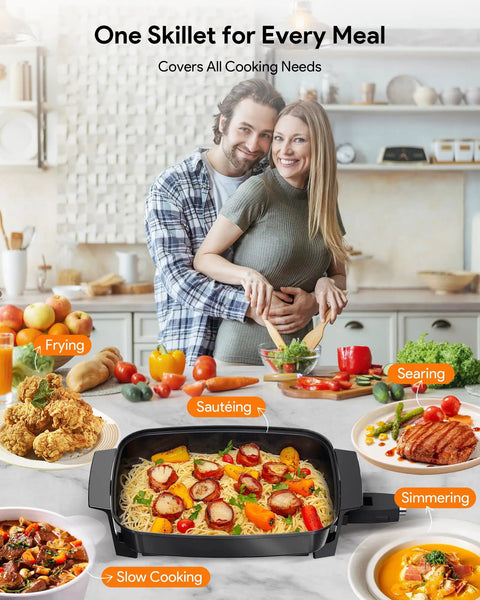 Couple in kitchen with Medley XL Digital Electric Skillet Family Size Griddle showcasing cooking versatility and dishes