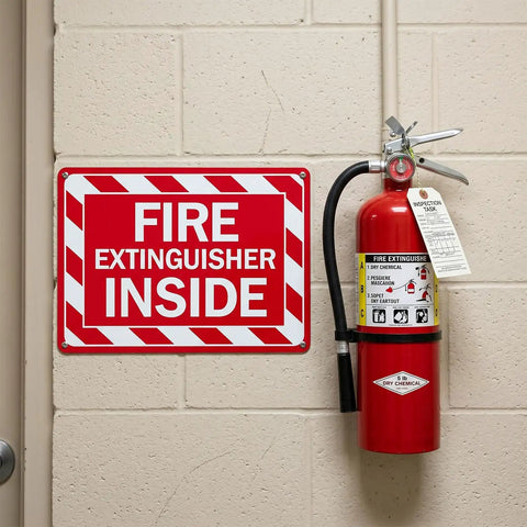 Two Pack Fire Extinguisher Inside Sign 10 By 7 Inches Rust Free Reflective Aluminum Rock Solid Construction Hella Visible Faded Proof Weatherproof Snap To Install For Building Code Compliance And Emergency Safety Readiness