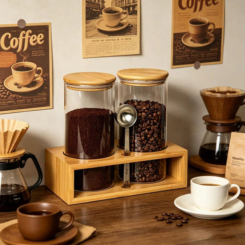 Two 49oz Airtight Glass Coffee Canisters With Bamboo Shelf, Stainless Spoon And Anti Slip Pads For Storage Jars