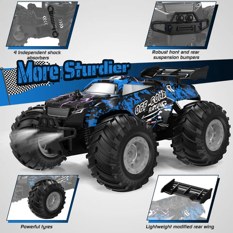 All Terrain Remote Control Car For Kids And Beginners 1:20 Scale Dual Motor RC Truck with LED Lights, robust design and features shown