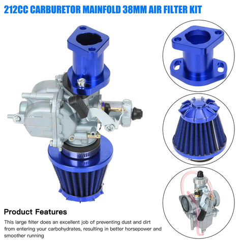 VM22 Carburetor Replacement for Predator 212cc 224cc GX200 Clones with blue air filter kit and manifold parts