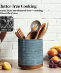 360 Degree Rotating Utensil Holder For Countertop Extra Large Ceramic Caddy In Blue Kitchen Utensil Crock For Farmhouse Decor 7.6 Inch Wide Simple Reach Lazy Susan Style Organizer on kitchen counter with wooden utensils